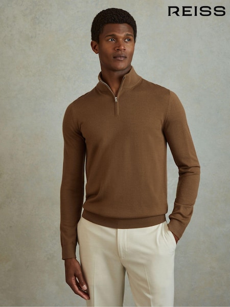 بني فاتح - Reiss Blackhall Merino Wool Half-Zip Funnel Neck Jumper (B66062) | ‏706 د.إ.‏