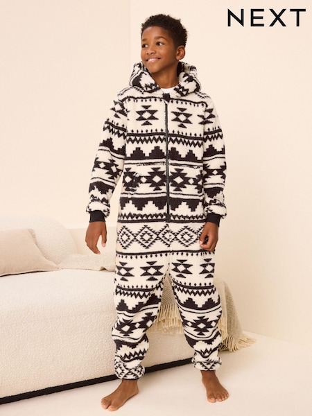 Neutral/Black Aztec Print - Fleece All-in-one (3-16yrs) (B66101) | ‏7 ر.ع.‏ - ‏11 ر.ع.‏
