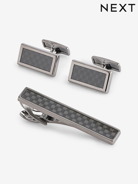 Gun Metal Carbon Cufflink and Tie Clip Set (B66115) | 120 zł
