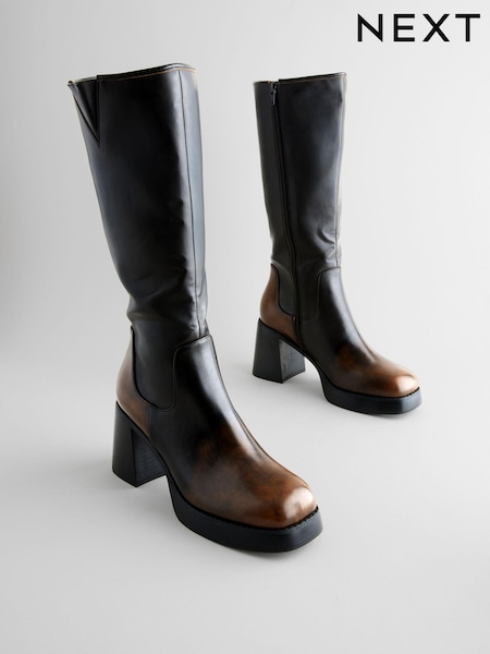 Chocolate Brown Square Toe - Forever Comfort® Chunky Knee High Block Heeled Boots (B66137) | ‏136 د.إ.‏