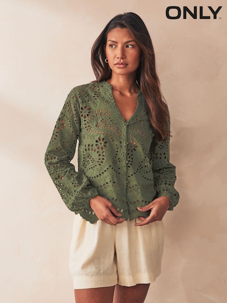 ONLY 100% Cotton Broderie Long Sleeve Button Up Blouse (B66158) | 136 LEI