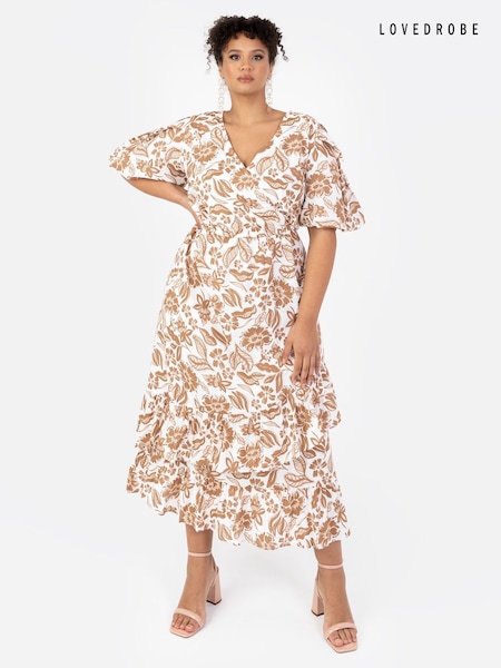 Lovedrobe Cream Faux Wrap Midaxi Dress With Ruffle Hem (B66168) | €42
