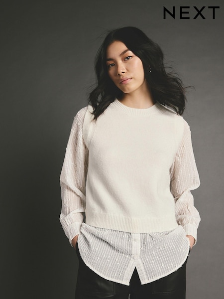 Ecru White Sparkle Sequin Shirt Layer Knitted Jumper (B66187) | AED100