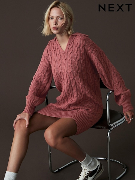 Mauve Pink Collar V-Neck Long Sleeve Cable Knitted Short Mini Jumper Dress (B66243) | €31