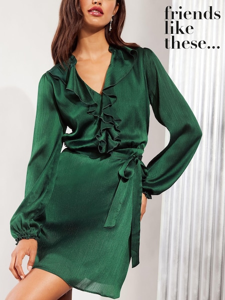 Friends Like These Green Long Sleeve Ruffle Satin Mini Dress (B66338) | 104 QAR