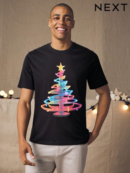 Black Neon Tree Christmas 100% Cotton T-Shirt (B66398) | €7