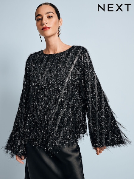 Black Sparkle Fringe Long Sleeve Tie Back Blouse (B66465) | AED191