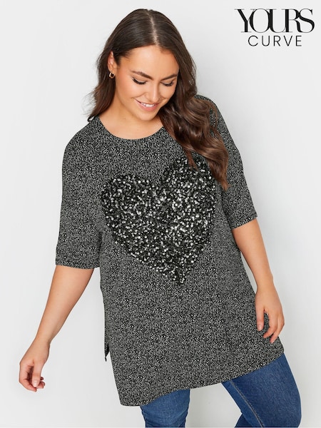 Yours Curve Black Heart Sequin Embellished Top (B66502) | ₪121