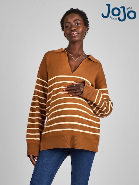 Toffee Brown & Cream - Jojo Maman Bébé Stripe Collared Maternity & Nursing Jumper (B66508) | €64