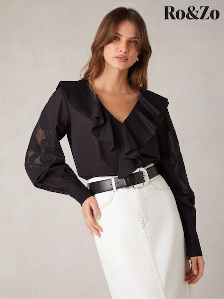 Ro&Zo Black 100% Cotton Embroidered Mesh Sleeve Blouse (B66521) | €50
