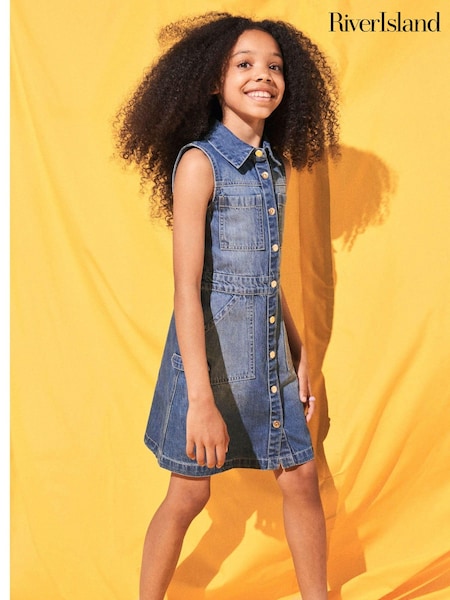 River Island Blue Girls 100% Cotton Denim Pinafore Dress (B66619) | 62 QAR