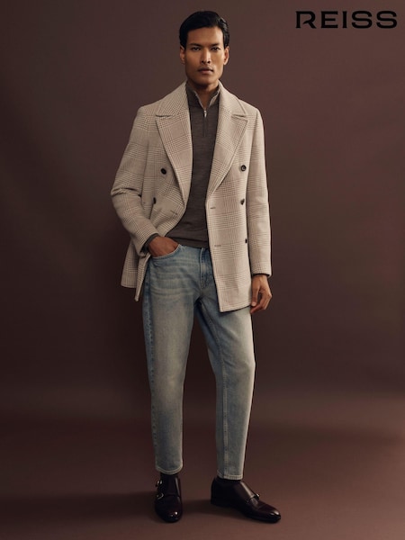 Reiss Oatmeal Check Bergamo Wool Blend Double Breasted Peacoat (B66665) | €476