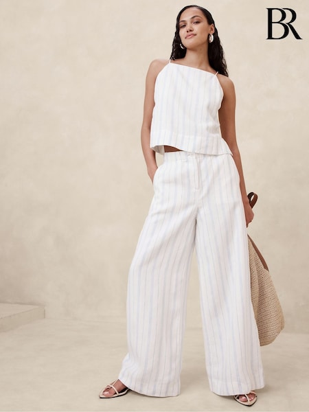 Banana Republic White/Blue Stripe Linen Pull On Trousers (B66701) | €36