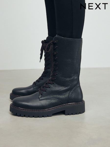 Black Leather Premium Chunky Lace-Up Ankle Boots (B66845) | AED189