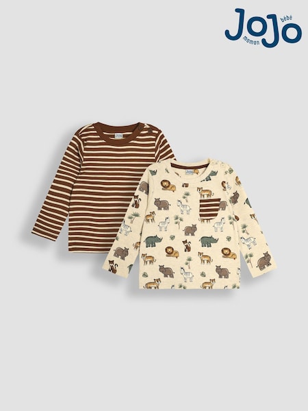 Natural Safari Animals Print & Stripe - JoJo Maman Bébé Long Sleeve 2-Pack Tops (B66904) | 35 €
