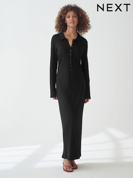 Black Long Sleeve Collar Detail Maxi Dress (B67009) | €58