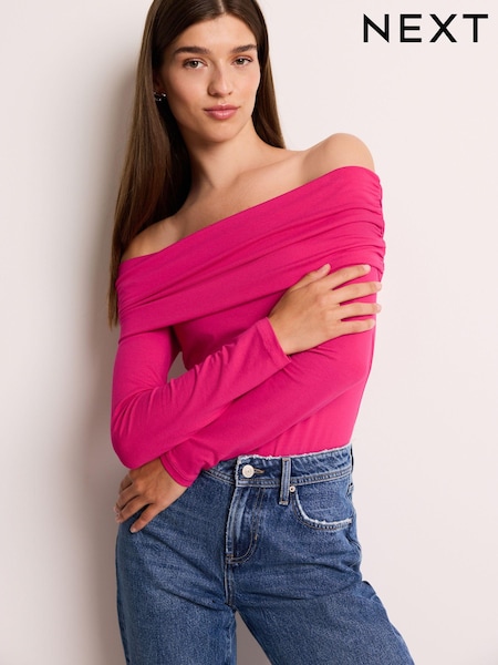Hot Pink - Bardot Off The Shoulder Long Sleeved Top (B67174) | 7 €
