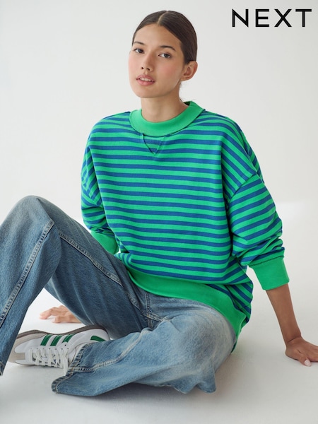 Blue/Green Striped Raw Edge Seam Detailing Jersey Crew Neck 100% Cotton Sweatshirt (B67182) | €14