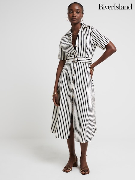 River Island Navy Stripe Belted Shirt Dress (B67270) | €16