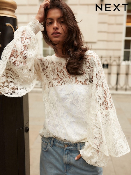 Ivory Round Neck Lace Long Sleeve Blouse (B67279) | €22