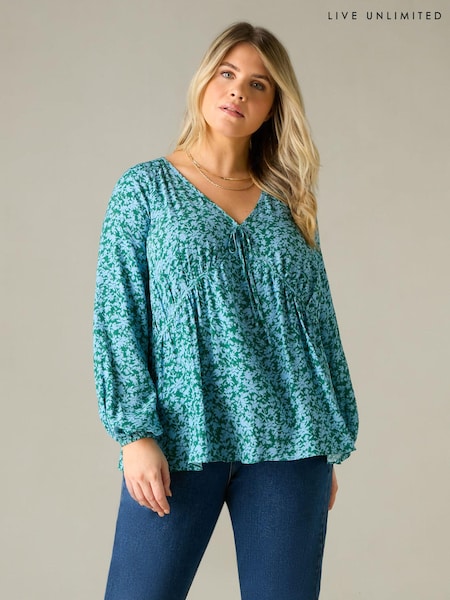 Live Unlimited Blue Curve Ditsy Print Tie Neck Blouse (B67316) | €41.50