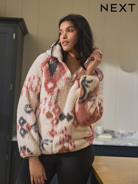 Cream/Pink Ikat - Borg jack met halve ritssluiting (B67506) | € 20