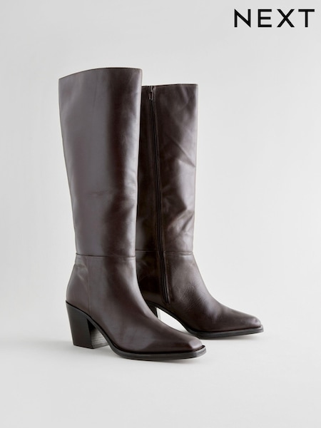 Chocolate Brown Leather Forever Comfort® Cowboy Knee High Heeled Boots (B67507) | €101