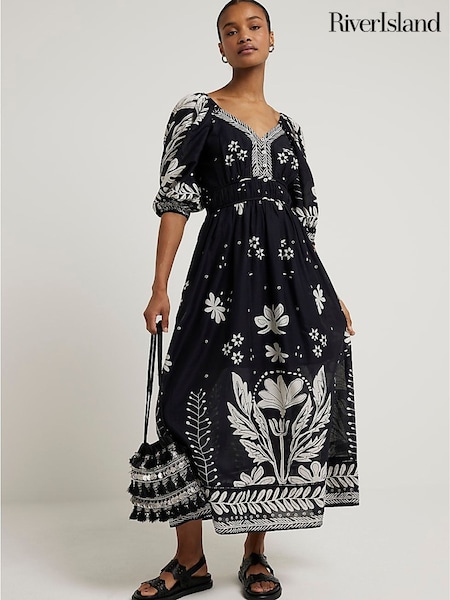 River Island Black Floral Puff Sleeve Maxi Dress (B67517) | €34
