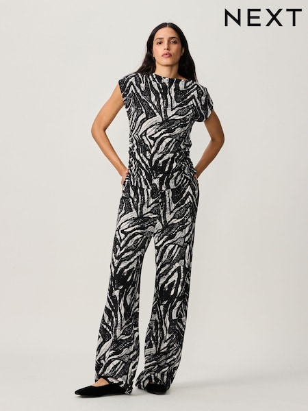 Black/White Print Textured Wide Leg Jersey Trousers (B67527) | €23.50