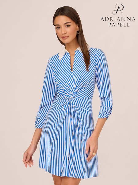 Adrianna Papell Blue Stripe Print Twist Dress (B67549) | 462 LEI