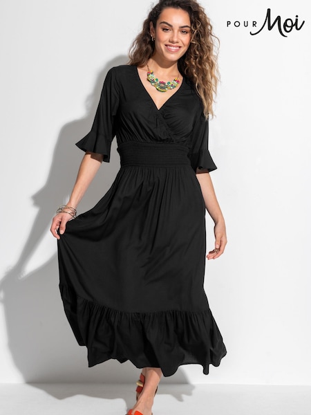 Pour Moi Black Carmen Fuller Bust Elasticated Neckline Midaxi Dress (B67573) | $91