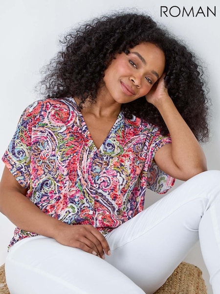 Roman Pink Paisley Shirred Hem Stretch Top (B67581) | R$ 385