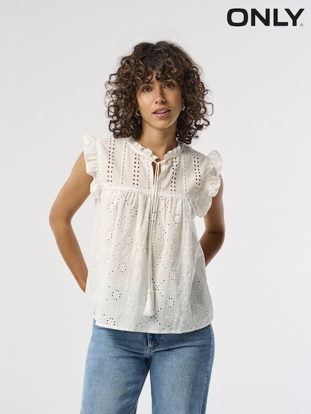 ONLY White 100% Cotton Broderie Frill Tie Front Blouse (B67671) | €18.50