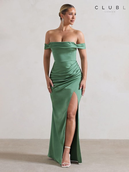 Club L London Green Katia Satin Bardot Fishtail Maxi Dress (B67695) | €54