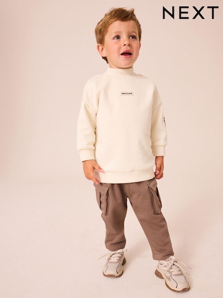 Ecru Cream/Brown High Neck Sweatshirt And Cargo Pocket Joggers Set (3mths-7yrs) (B67721) | 55 QAR - 69 QAR