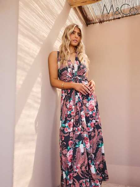 M&Co Navy Blue Paisley Floral Print Knot Maxi Dress (B67734) | R$ 445
