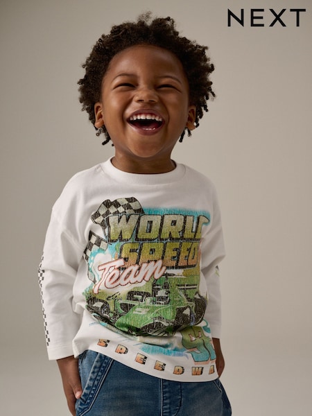 White Racing Car Long Sleeve Transport T-Shirt (3mths-7yrs) (B67737) | 24 QAR - 31 QAR