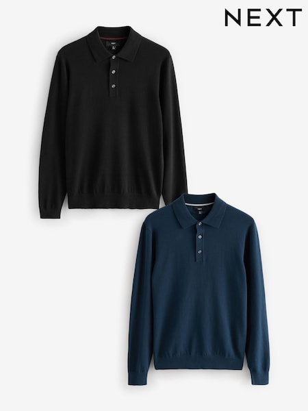 Black/Navy Blue Slim Fit Knitted Long Sleeve Polo Shirts 2 Pack (B67946) | R$ 535