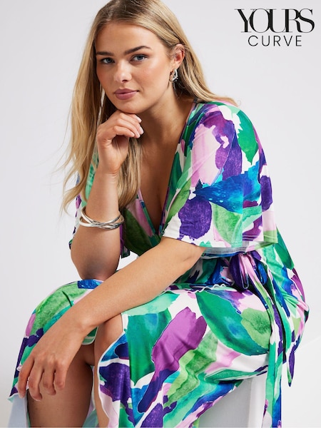 Yours Curve Green Abstract Floral Print Wrap Dress (B67966) | 262 QAR