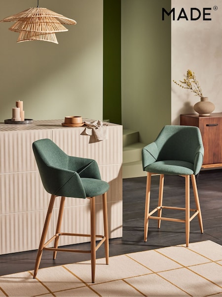 MADE.COM Bay Green and Oak Legs Lule Bar Stool in Velvet (B67983) | €213