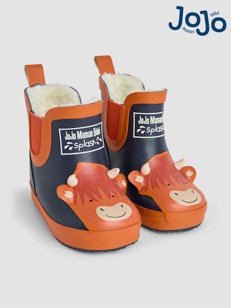 JoJo Maman Bébé Navy Blue Cow Cosy Lined Printed Ankle Wellies (B67994) | €38 - €41