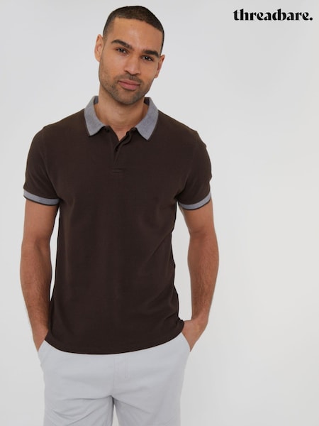 Threadbare Brown 100% Cotton Polo Shirt With Herringbone Detail Collar (B68064) | AED58