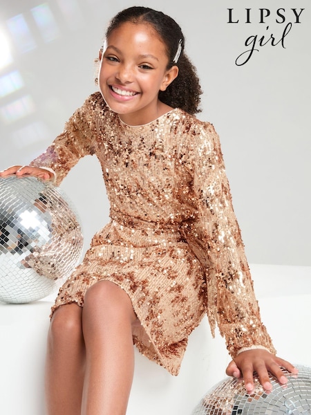 Lipsy Rose Gold Long Sleeve Sequin Party Dress (5-16yrs) (B68213) | AED127 - AED149