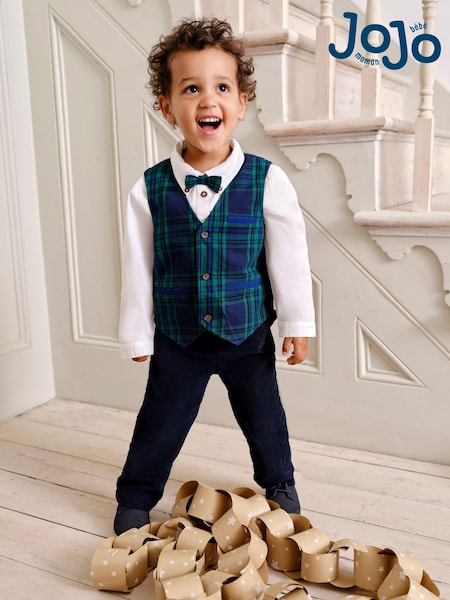 JoJo Maman Bébé Navy Tartan Waistcoat Shirt and Trousers Set (B68368) | 223 QAR