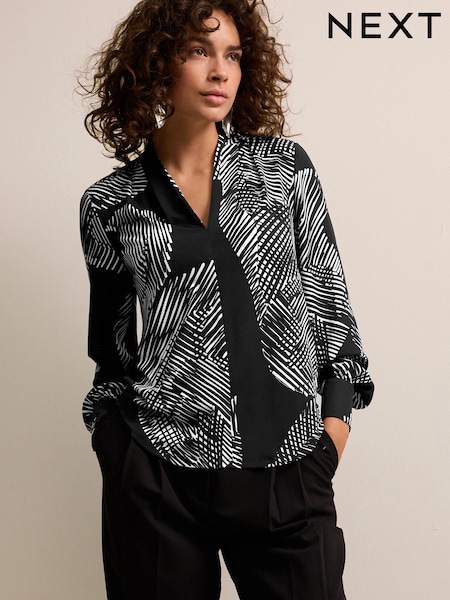 Mono Print Long Sleeve V-Neck Blouse (B68449) | 1,201 UAH