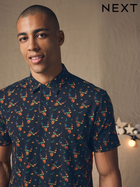 Navy Reindeer Christmas Print Polo Shirt (B68465) | € 21