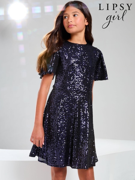 Lipsy Blue Flutter Sleeve Sequin Party Dress (5-16yrs) (B68494) | AED122 - AED144
