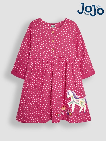 JoJo Maman Bébé Fuchsia Pink Unicorn Appliqué Button Front Dress (B68510) | €37