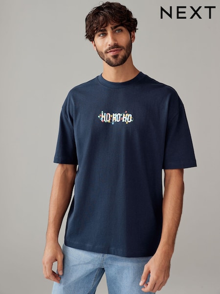 Navy Blue HoHoHo Christmas 100% Cotton T-Shirt (B68624) | €4