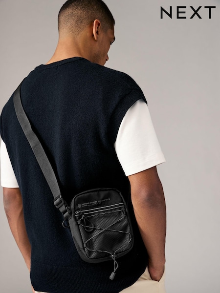 Black Nylon Bungee Cord Cross-Body Bag (B68665) | AED43